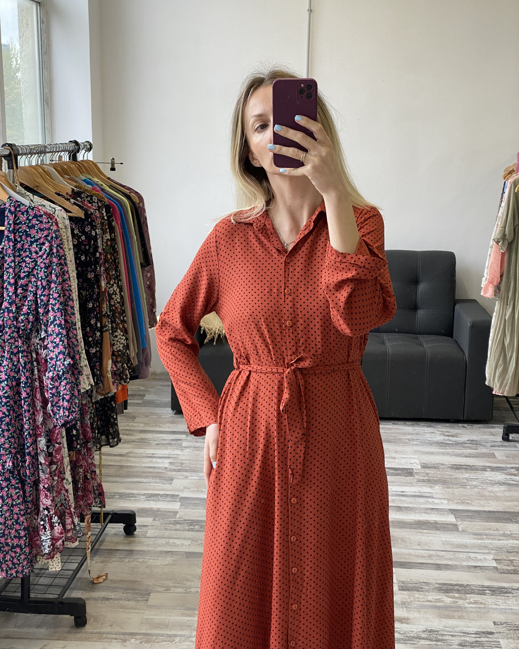 Жіноча сукня-сорочка помаранчеве в горошок L/XL