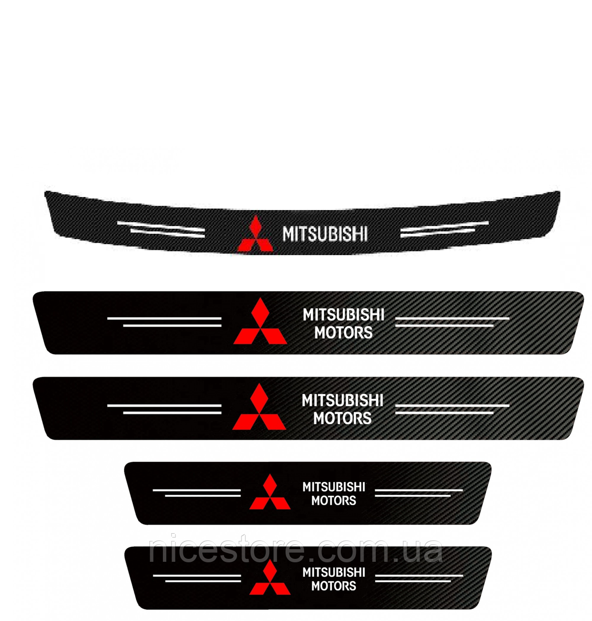 Наклейки на пороги та задній бампер заокруглена карбонові з логотипом Mitsubishi всі моделі та інші марки автомобілів