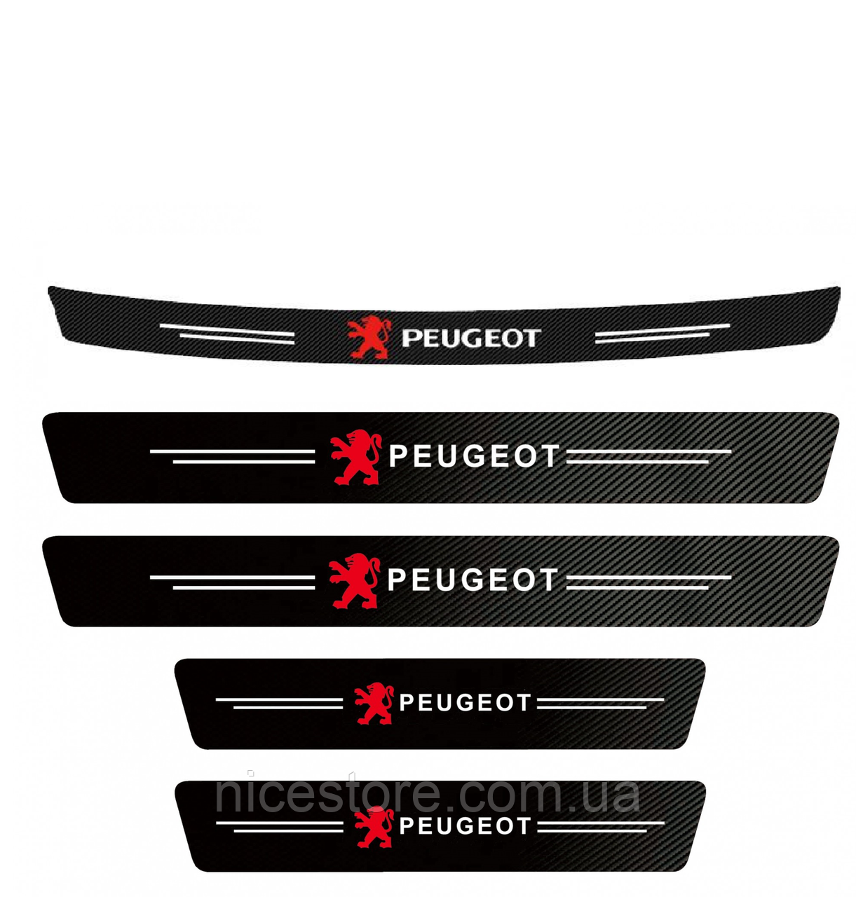 Наклейки на пороги та задній бампер заокруглена карбонові з логотипом Peugeot всі моделі та інші марки автомобілів