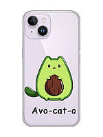 Прозрачный чехол с защитой камеры на iPhone 14 :: Котик Авокадо (принт 306)