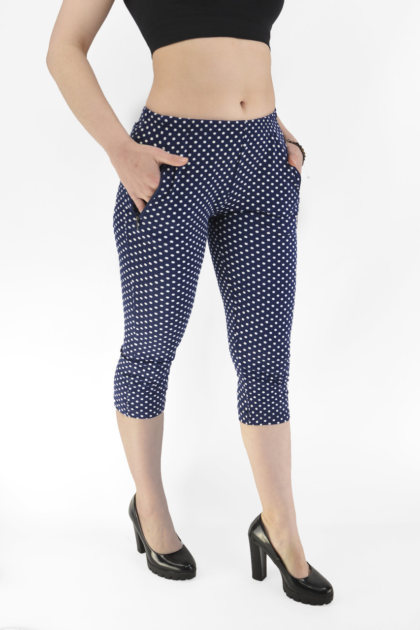 Бриджі жіночі в горошок зі змійками на кишенях Tovta (Угорщина) Капрі літні Синій цвіт, білий горошок M/L