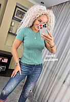 Женская базовая футболка однотонная в рубчик с короткими рукавами (р. 42-46) 90171116