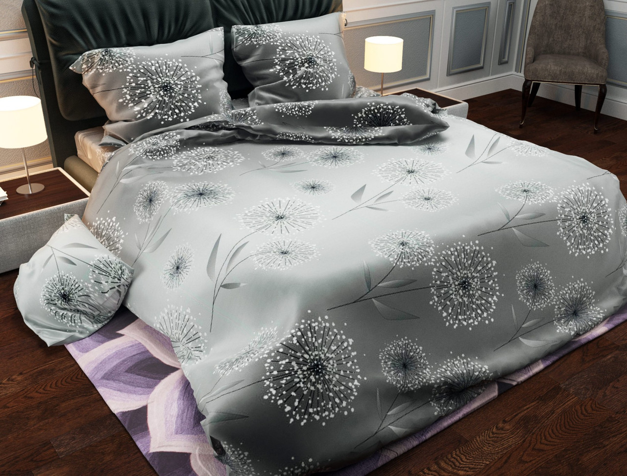 Підковдра на блискавці 145х215 (Бязь) | Полуторна підковдра від виробника "Королева Ночі" | Кульбаби на сірому, фото 1