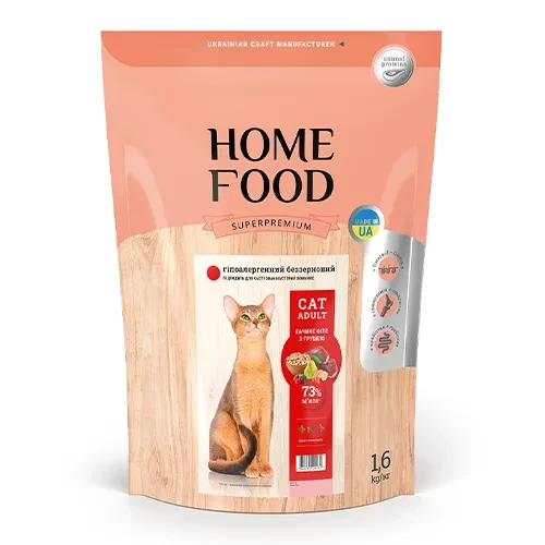 Беззерновий сухий корм для дорослих котів Home Food гіпоалергенний качине філе з грушею 1.6 кг