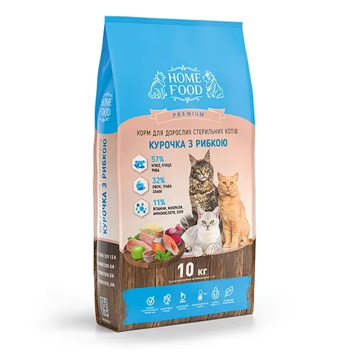 Сухий корм для дорослих котів стерилізованих Home Food Premium курочка з рибкою 10 кг