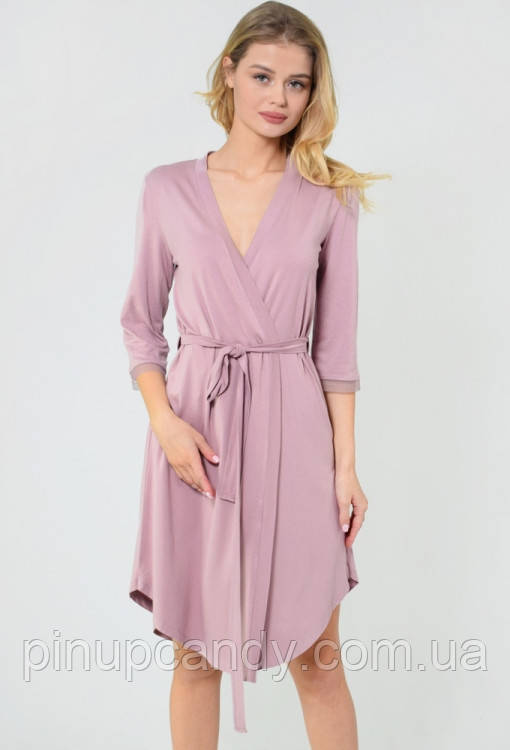 Домашній халат віскоза і мереживо N.EL. 1329-92 ліловий пудровий XL, фото 1