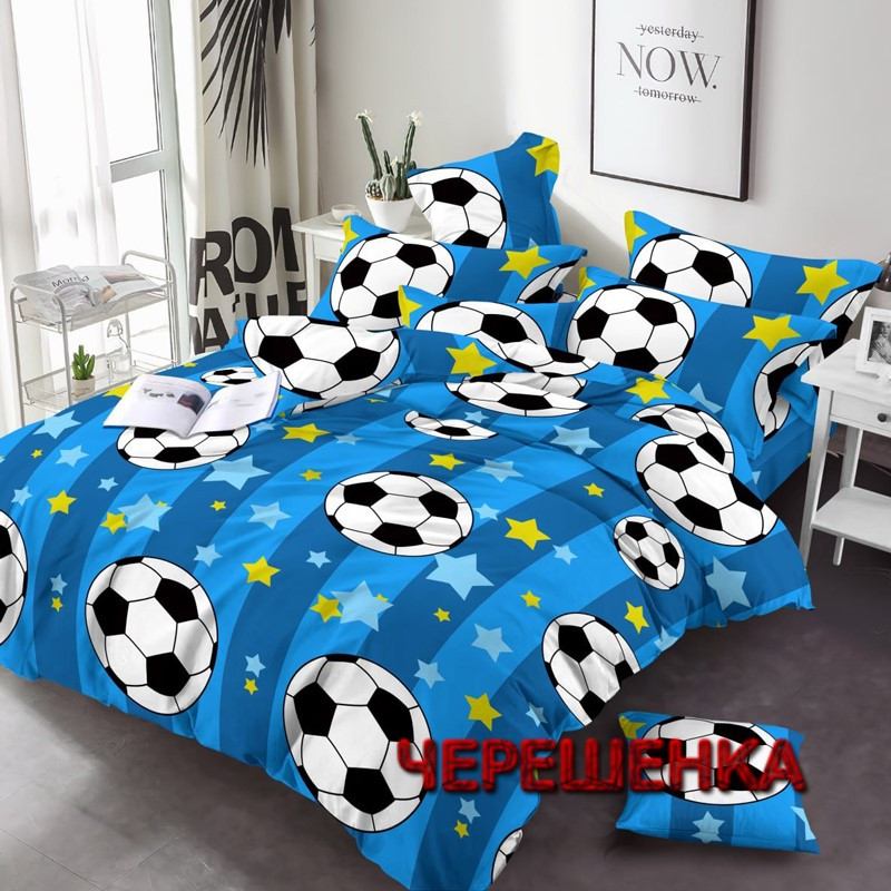 Дитяча тканина 220см для постільної білизни Бязь Gold Lux синя з принтом футбольні м'ячі, рулон 50м Пакистан