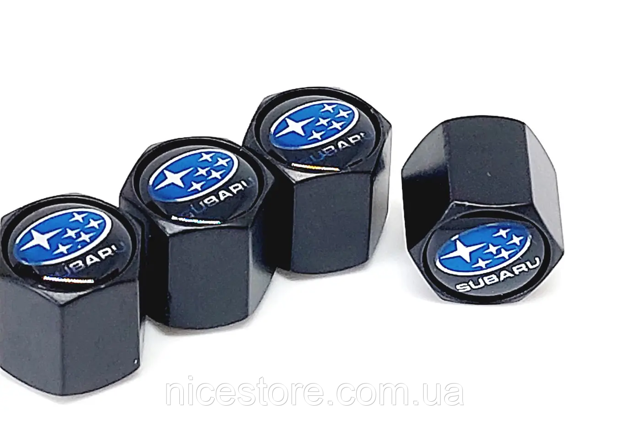 Захисні металеві ковпачки на ніпель у стилі black з логотипом Subaru, фото 1