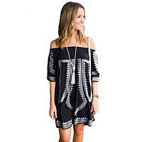 Black Bohemian Vibe Geometric Print Off The Shoulder Beach Dress SEXX