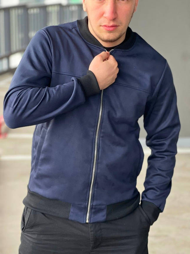 Бомбер чоловічий синій весна молодіжний замшевий короткий чоловічі бомбери стьобані модні повсякденні, фото 1