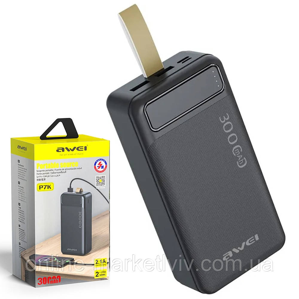 Повербанк з індикатором заряду 30000 мАг, P7K AWEI, Чорний / Потужний Power bank / Портативна зарядка