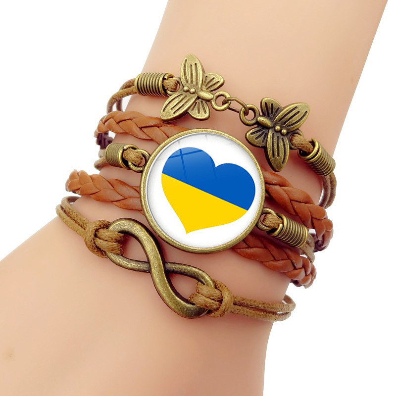 Браслет на руку патріотичний з українською символікою, браслет жіночий коричневий з серцем. Розмір 17-22 см