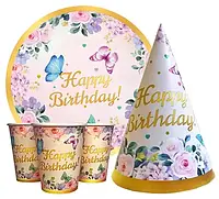 Набор для детского дня рождения "Happy Birthday бабочки" Тарелки -10 шт Стаканчики - 10 шт Колпачки - 10 шт