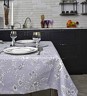Скатерть тефлоновая хлопковая прямоугольная или квадратная птички и цветы серая
