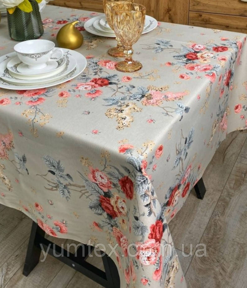 Скатерть тефлоновая хлопковая прямоугольная или квадратная коралловые цветы серо бежевая - фото 1 - id-p1834213827