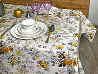 Скатерть тефлоновая хлопковая прямоугольная или квадратная горчичные цветы бело молочная