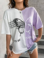 Женская футболка двухцветная с принтом бабочка "Butterfly", трикотажная, супер качество | Норма