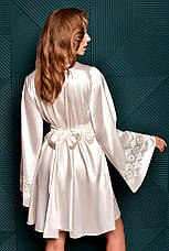 Короткий атласний халат із мереживом на рукавах для нареченої Айворі, фото 2