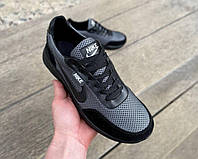 Мужские легкие демисезонные кроссовки черные сетка Nike вставки нубука и кожи