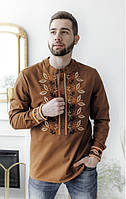 Мужские вышиванки праздничные коричневого цвета, Мужские рубашки с украинской вышивкой, 2XL