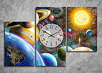Картина модульная с часами яркие краски Солнечная система Планеты Земля Космос Звёзды Меркурий габарит 90*70*3