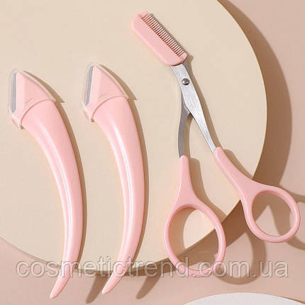Набір 3 тримери для корекції форми брів рожевий (тример-ножиці + 2 тримери), фото 2