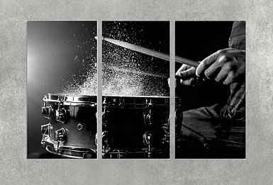 Картина барабан руки ударника на чорному тлі з 3 частин модульна сучасні в музичну студію