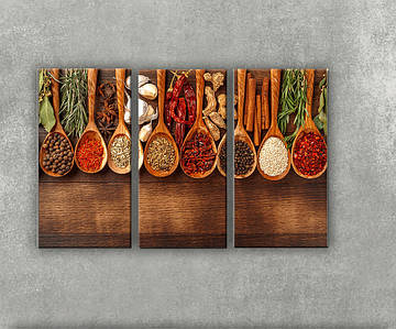 Картина спеції кольоровий часник перець у дерев'яних ложках на полотні Картини в кухню з 3 частин модульна