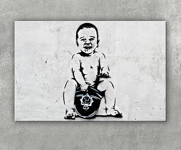 Картина Дитина на поліцейському шоломі Бенксі Вуличний арт Графіті Поліція Діти Чорно-білий арт Мінімалізм