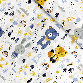 Польська бавовняна тканина "Ведмедики, лисички, зайчики в лісі, блакитного, жовтого, сірого кольору"