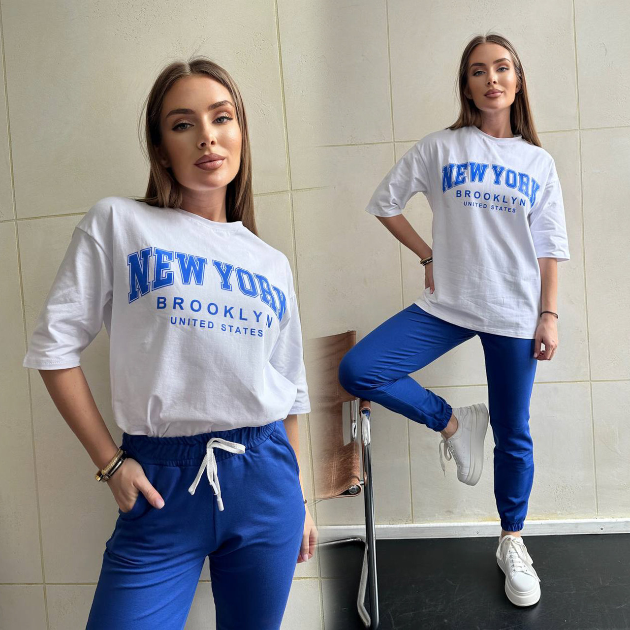 Синьо-білий жіночий спортивний костюм "New York": футболка та штани