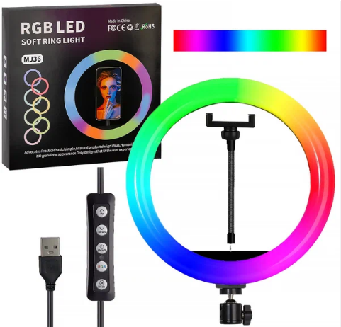 Кільцева LED Лампа RGB MJ36 (36см) (3 Кріплення) (Керування На Провіді)