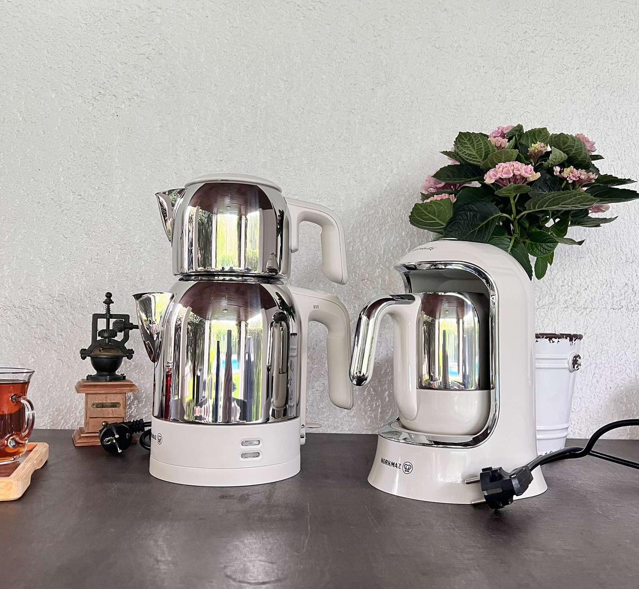 Набір електричний чайник Korkmaz A359-09 Vanilla Teapot — Cream і електрична кавоварка Korkmaz Automatic Grida