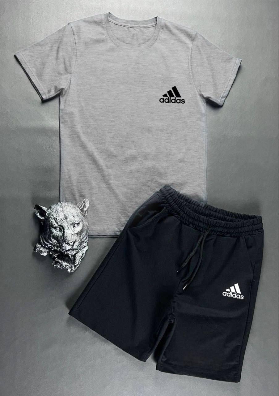 Чоловічий літній костюм Adidas Футболка + Шорти сірий із чорним комплектом Адідас