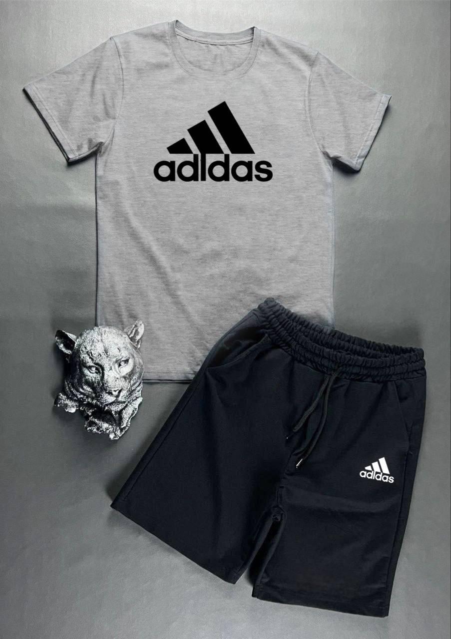 Чоловічий літній костюм Adidas Футболка + Шорти сірий із чорним комплектом Адідас