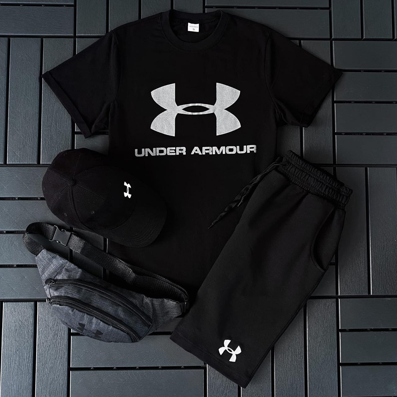 Чоловічий літній костюм Under Armour Футболка + Шорти + Кепка + Барсетка чорний комплект Андер Армор