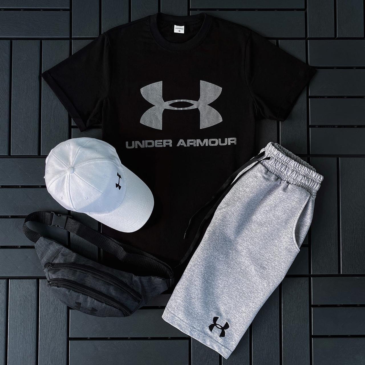 Чоловічий літній костюм Under Armour Футболка + Шорти + Кепка + Барсетка чорний із сірим Андер Армор