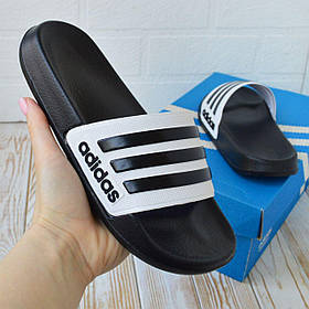 Модні жіночі шльопанці Adidas чорні з білим. Літні жіночі капці Адідас. Шлепанцы Адідас на лето.