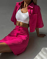 Женский костюм из джинс бенгалина с юбкой и укороченной рубашкой в ярких цветах: Освежите свой летний гардероб