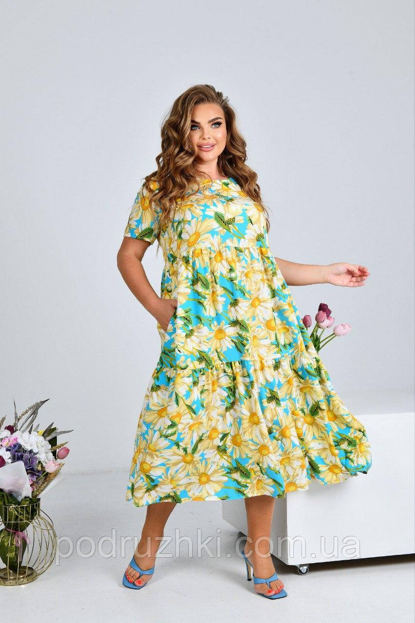 Літня сукня вільного силуету Тканина штапель (коттон) Розміри 52-54,56-58,60-62,64-66, фото 1