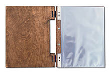 Папка дерев'яна для меню (А4) на шкіряних петлях (фанера 6 мм, логотип - на замовлення), колір горіх, фото 5