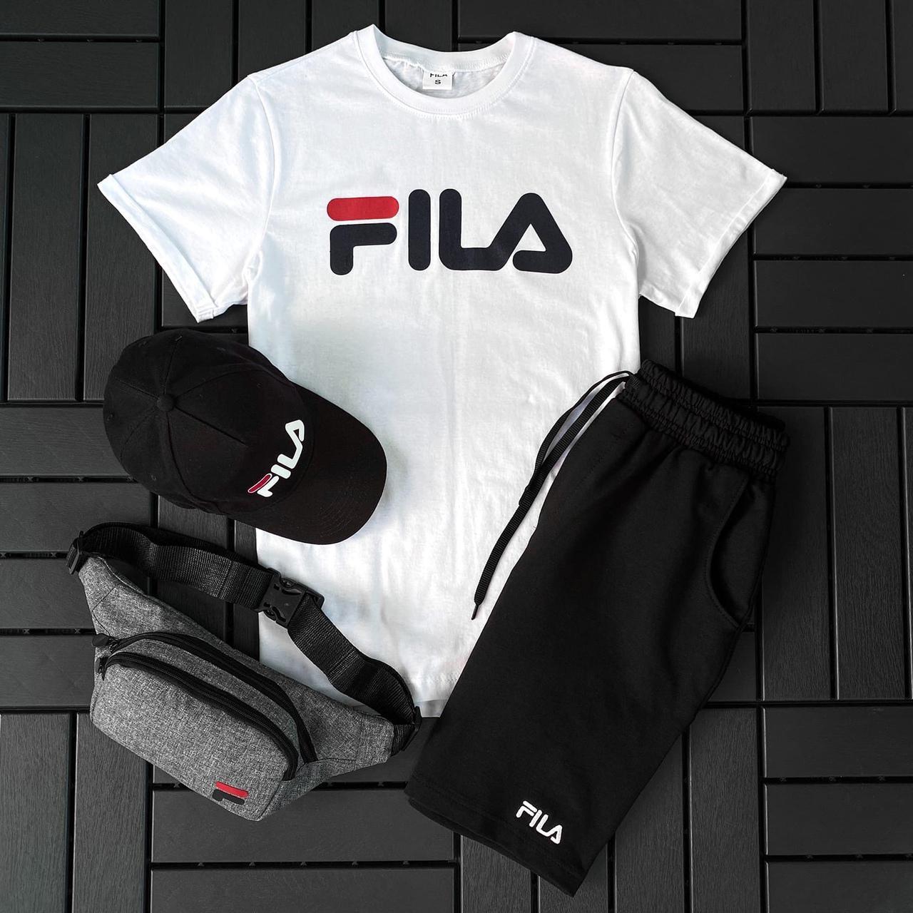 Чоловічий літній костюм Fila Футболка + Шорти + Кепка + Барсетка чорно-білий комплект Філа