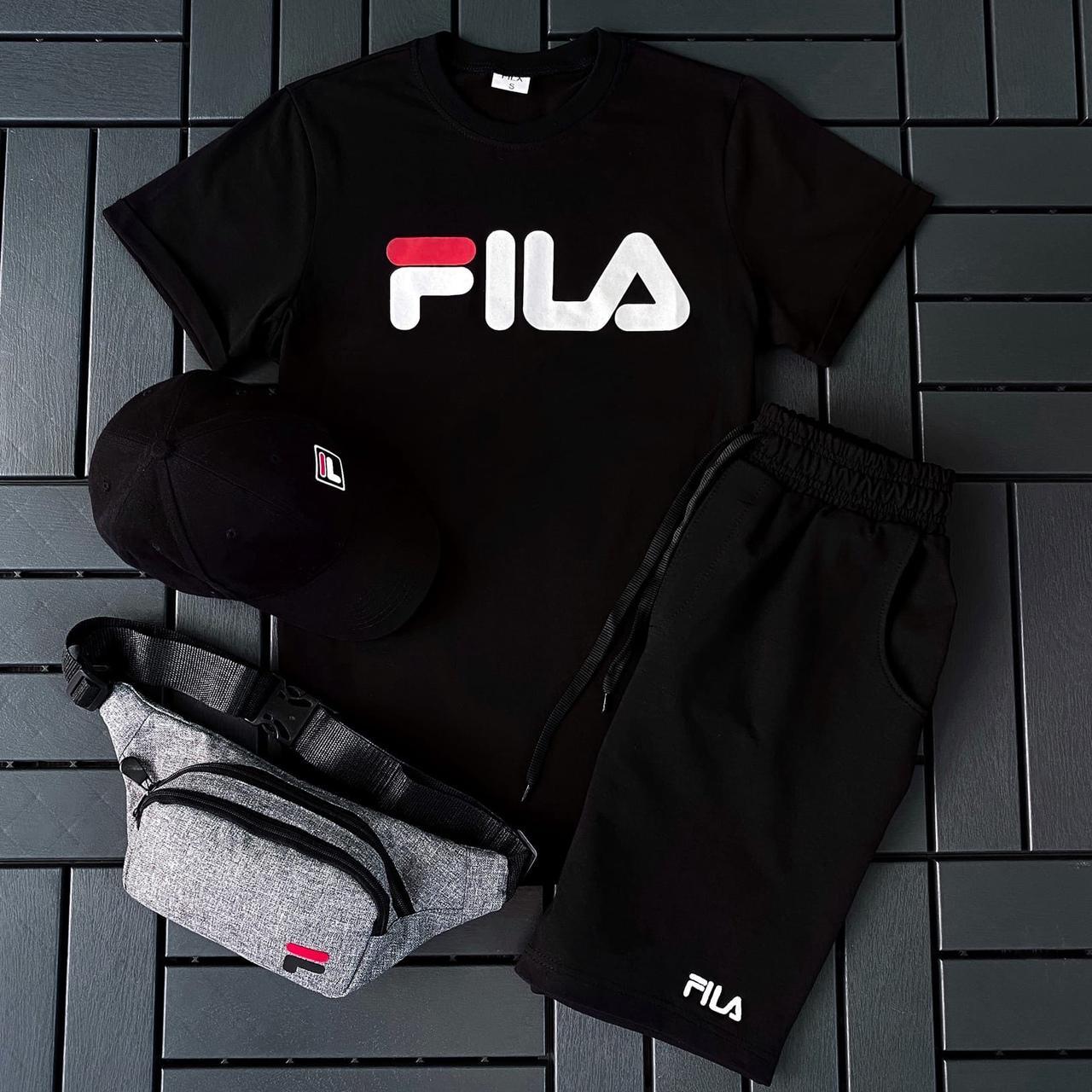 Чоловічий літній костюм Fila Футболка + Шорти + Кепка + Барсетка чорний комплект Філа