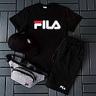 Чоловічий літній костюм Fila Футболка + Шорти + Кепка + Барсетка чорний комплект Філа, фото 3