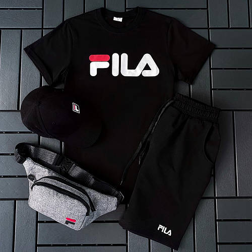 Мужской летний костюм Fila Футболка + Шорты + Кепка + Барсетка черный ...