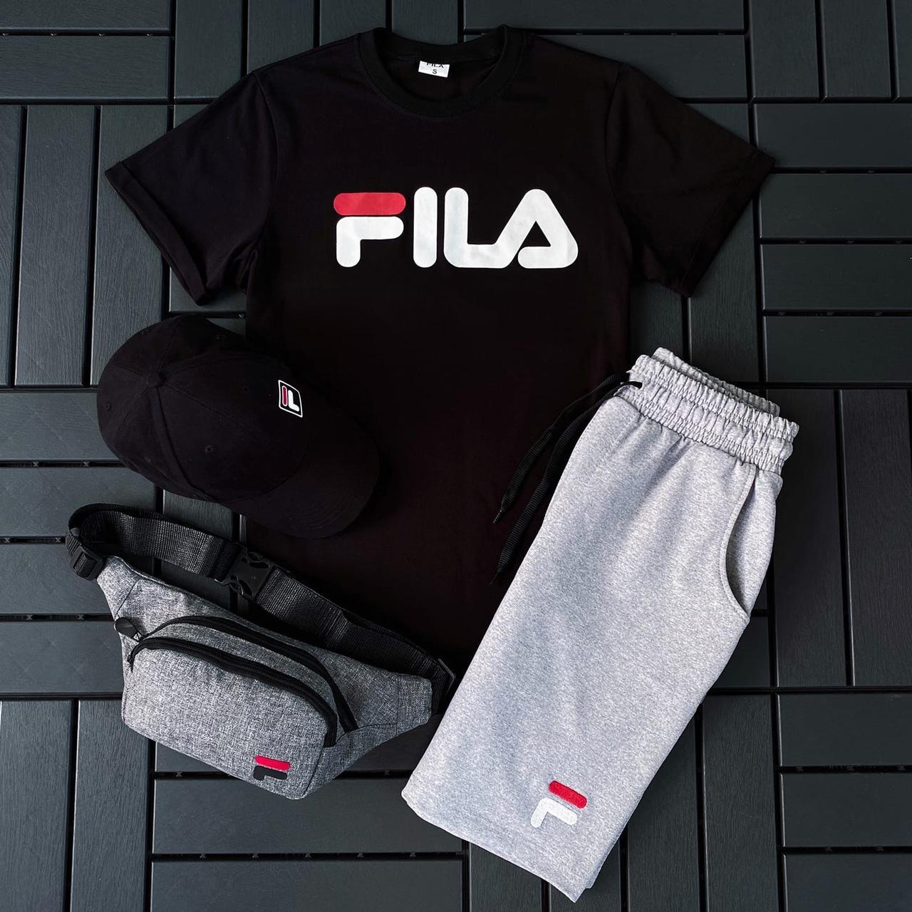 Чоловічий літній костюм Fila Футболка + Шорти + Кепка + Барсетка чорний із сірим комплектом Філа