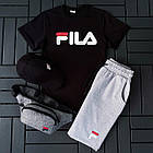 Чоловічий літній костюм Fila Футболка + Шорти + Кепка + Барсетка чорний комплект Філа, фото 4