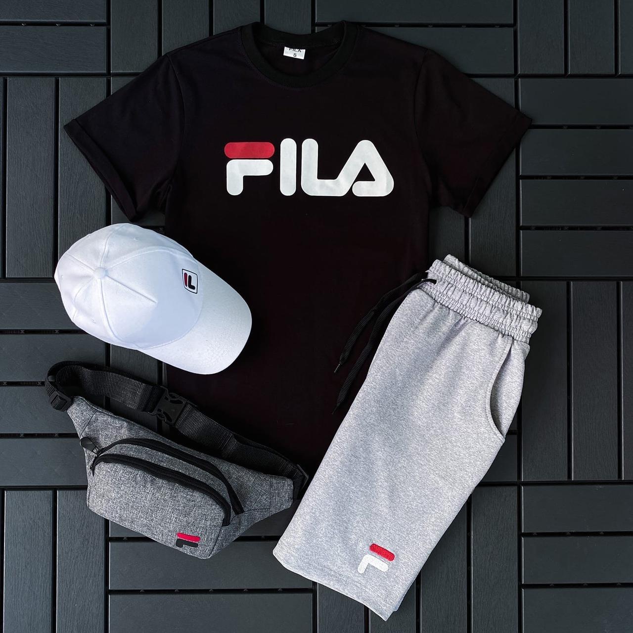 Чоловічий літній костюм Fila Футболка + Шорти + Кепка + Барсетка чорний із сірим комплектом Філа
