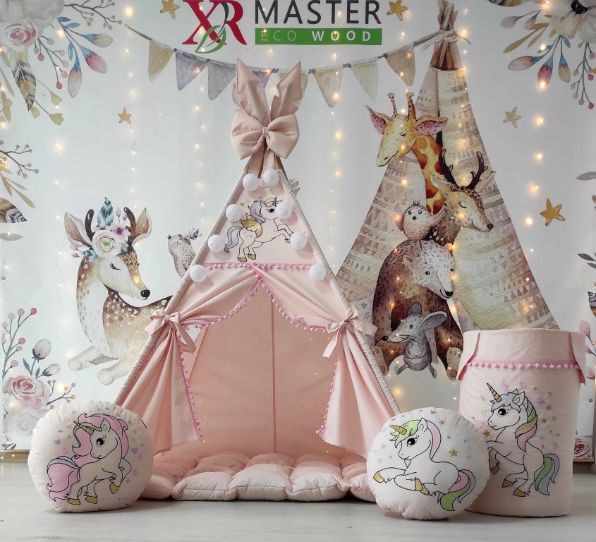 Вігвам БОН БОН Веселі єдинороги на пудрі + кошик для іграшок. Повний комплект, фото 1