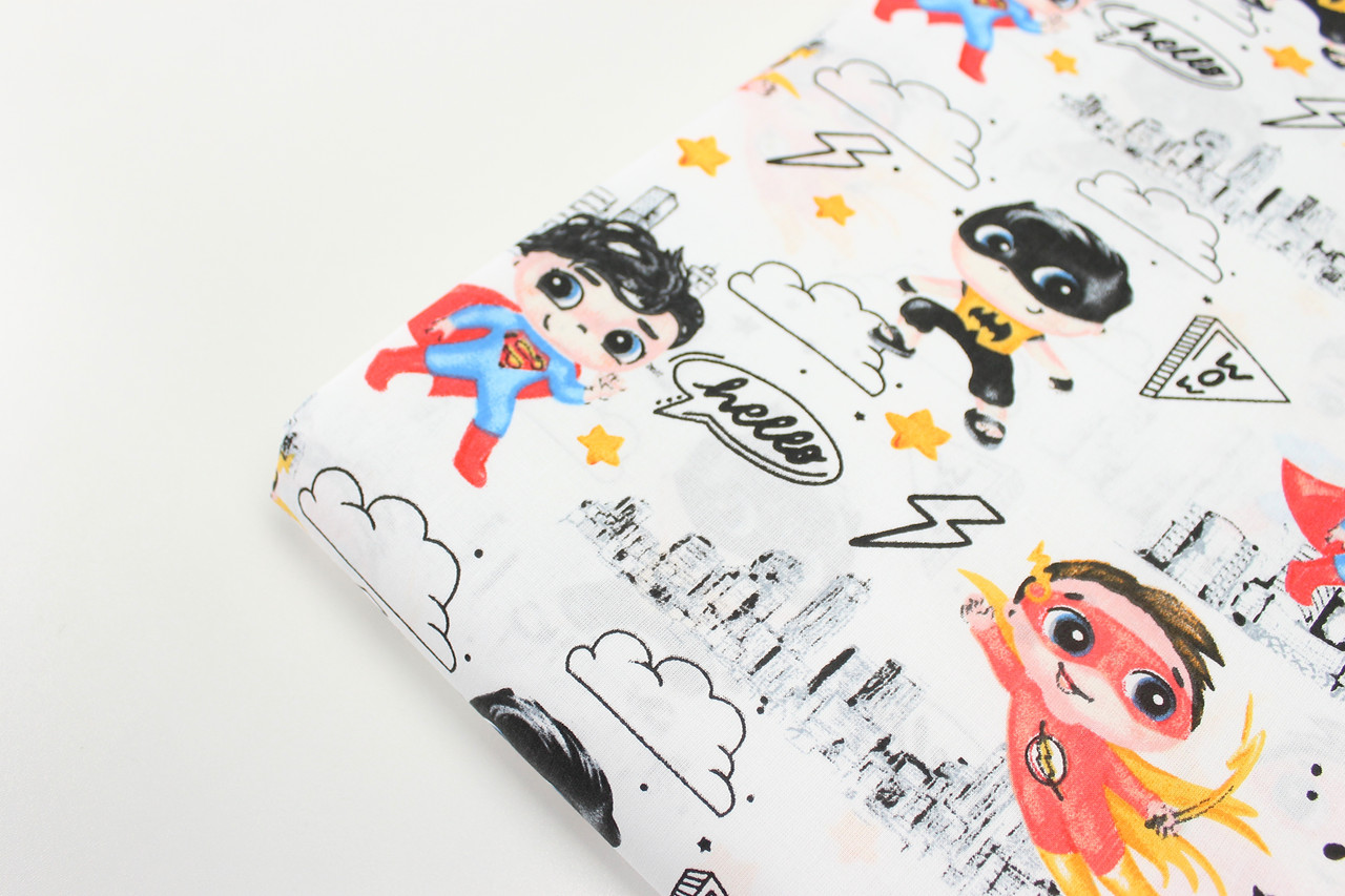 Лоскуток. Тканина бязь "Супергерої" на білому тлі 69*160 см, фото 1